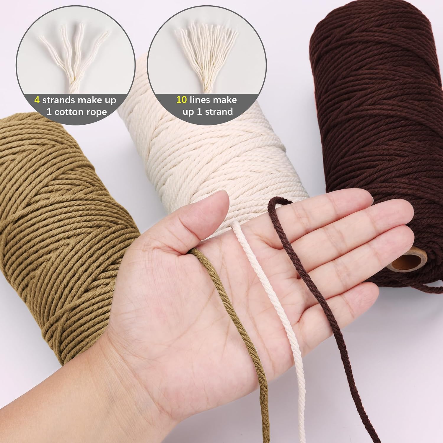 Detalle 2 de Corde Macramé 3mm x 100m - Set de 3 bobines en coton naturel (Beige, Jaune Moutarde, Marron) pour Décoration et Suspension