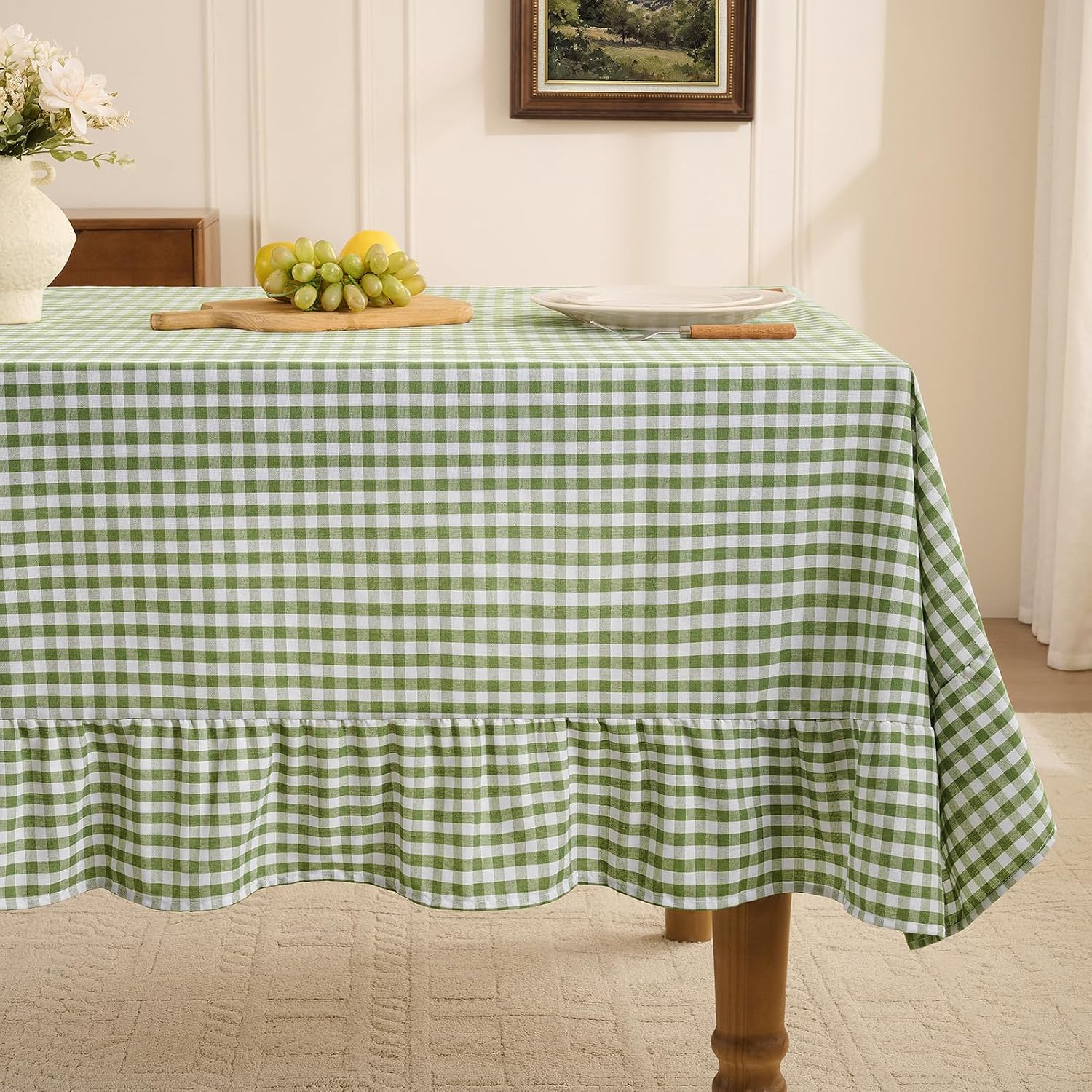 Detalle de Romanstile Gingham Ruffled Tablecloth Rectangle - Sage Green, Waterproof Linen Cotton Checkered, 60 x 84 Inch