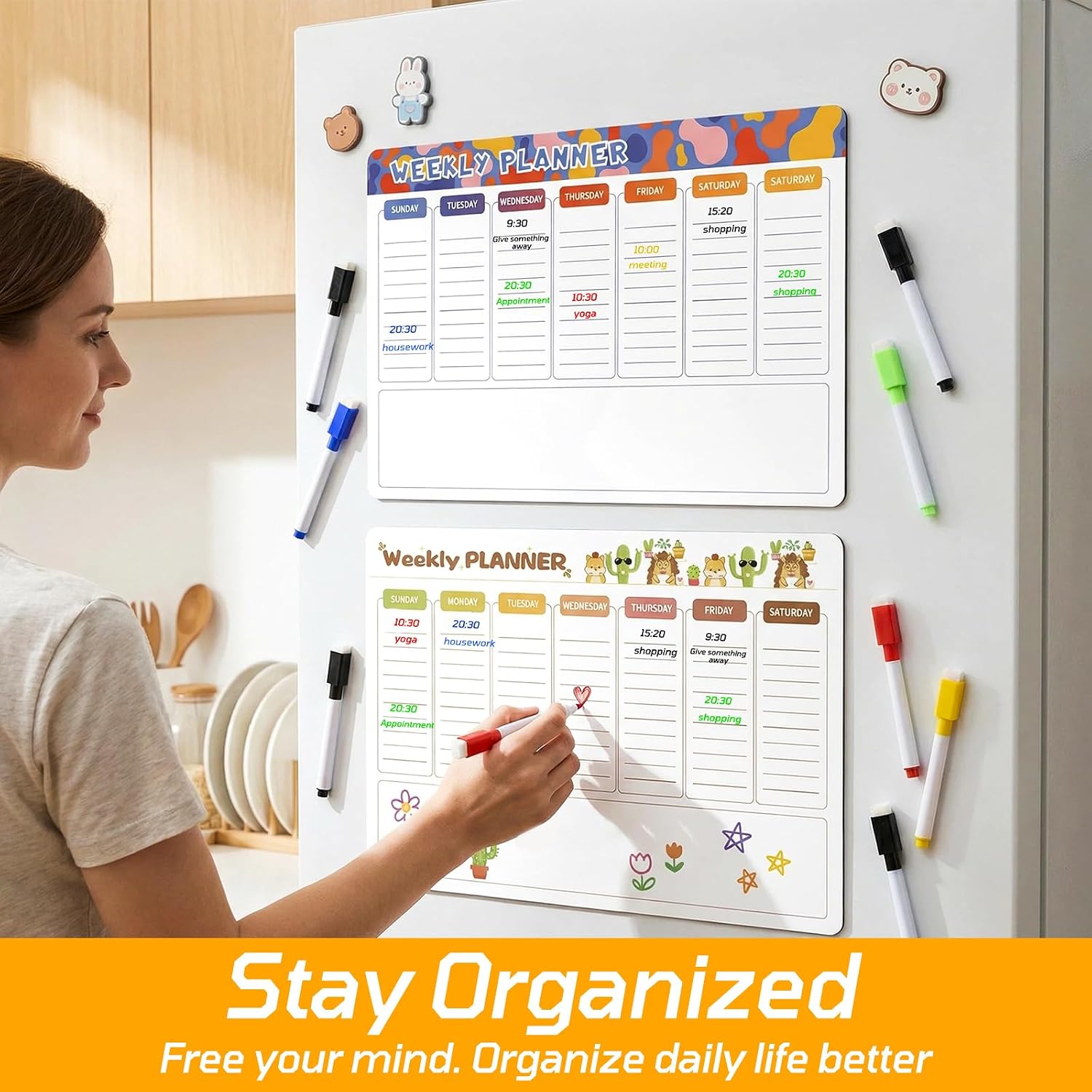 Detalle de 2er-Set magnetischer Wochenplaner Whiteboard 42 × 30 cm – Familien- und Haushaltsplaner für Kühlschrank, Putzplan, To‑Do-Liste