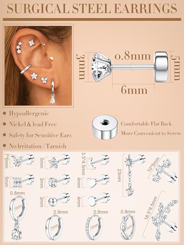 Detalle de Diamday 15Pcs: set de pendientes y piercings de acero quirúrgico para mujer