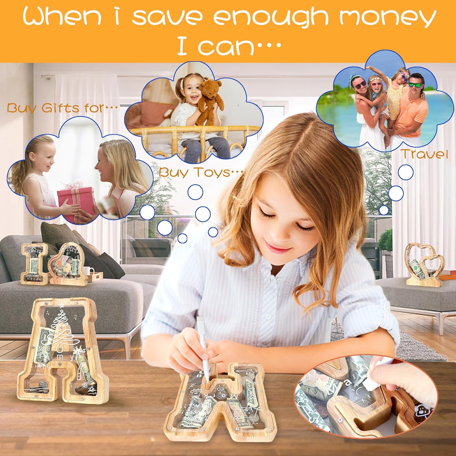Detalle de Mikytoper Letter Money Box for Kids: Wooden Personalized A-Z Piggy Bank