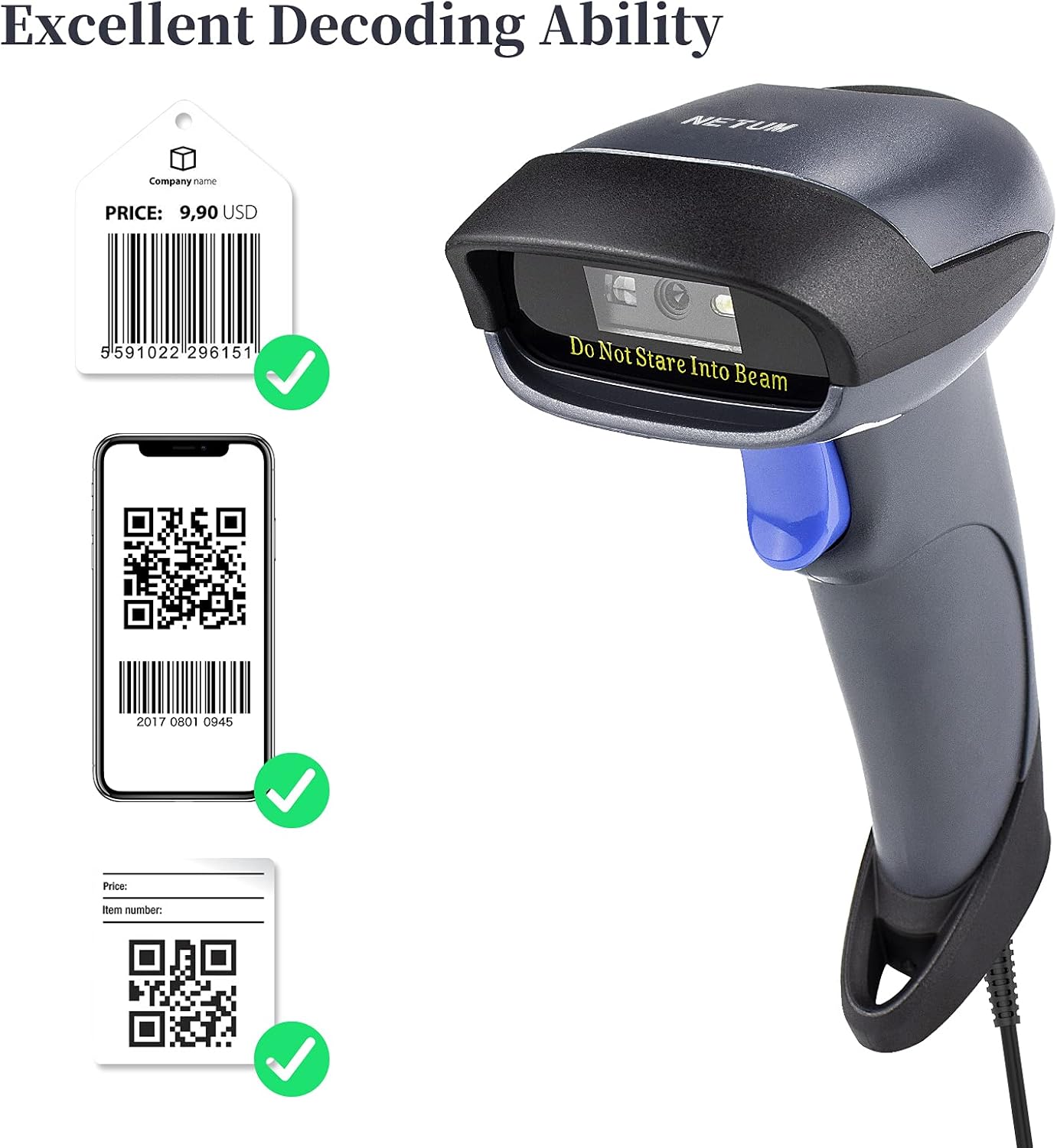 Detalle 2 de NETUM M5S : lecteur 2D de codes-barres filaire USB 2.0 avec support réglable