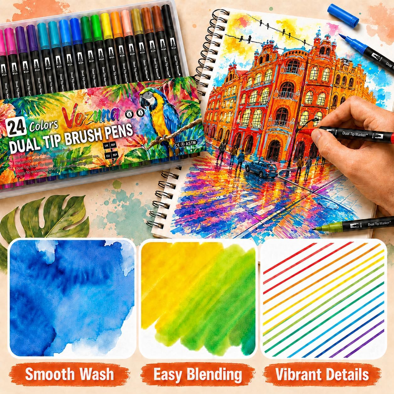 Thumbnail 1 de Vozuna 24 Colouring Pens for Adults – Dual Tip Brush Pens (Fine 0.4mm & Brush 1–2mm)