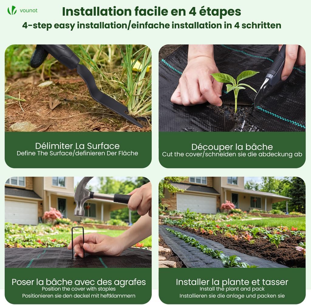 Thumbnail 4 de VOUNOT Toile de Paillage 2x25 m — Géotextile anti-herbes en fibres de polypropylène 100 g/m², résistant et UV-stabilisé