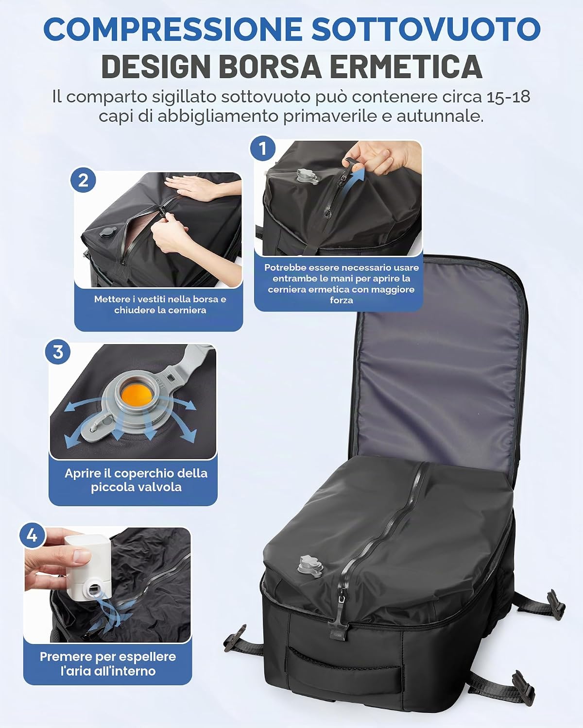 Detalle 2 de VENATIN Zaino da Viaggio con Sottovuoto – Zaino compressione sottovuoto con pompa integrata, 40x30x20 cm, nero