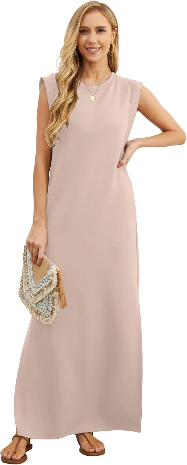 Detalle 2 de GRECERELLE GC8312 Women's Maxi Dress, Round Neck, Side Slit and Pockets