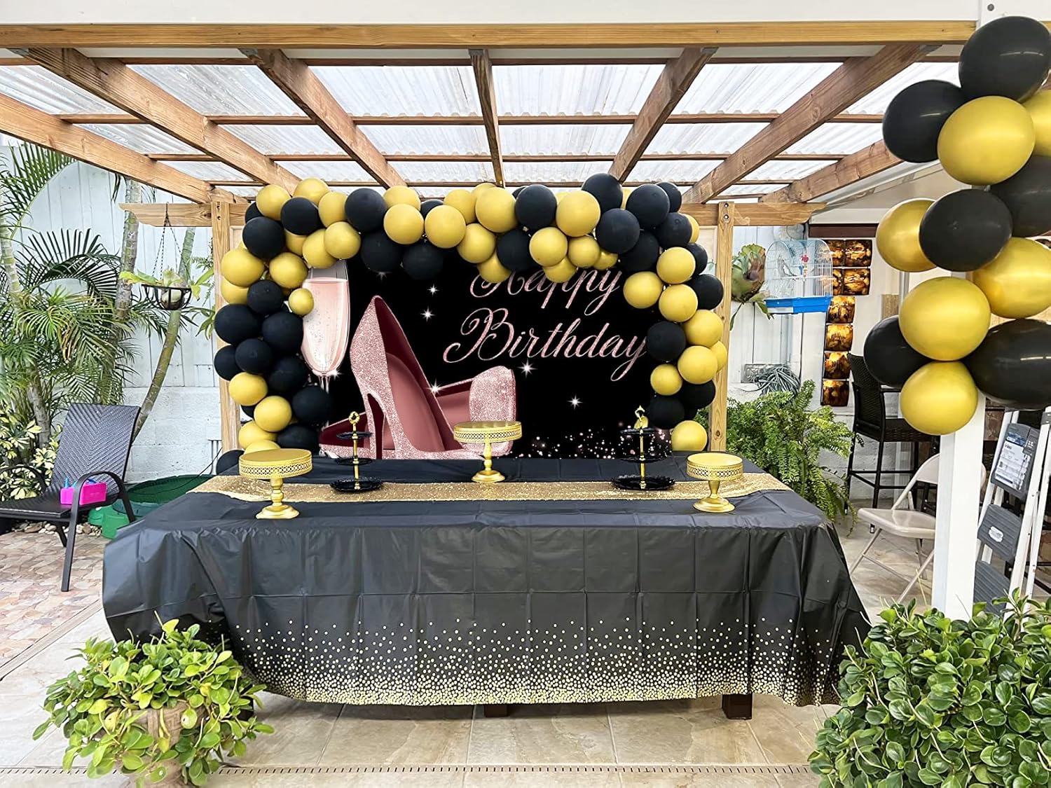 Thumbnail 3 de Happy Birthday Hintergrund für Frauen (Schwarz & Rosa) von BINQOO – Vinyl-Fotohintergrund mit Glitzer, 210 x 150 cm