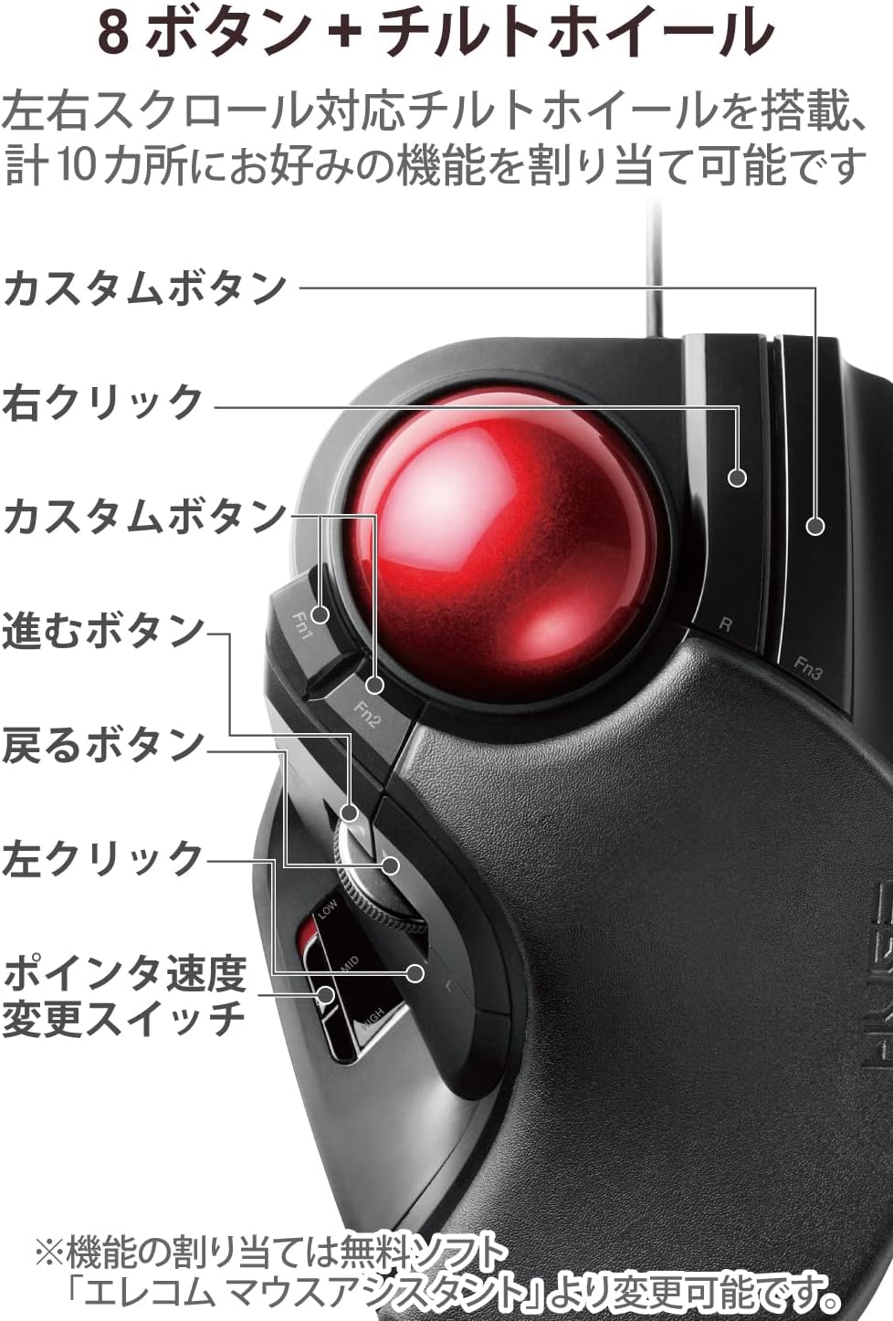 Detalle 2 de エレコム M-HT1URXBK HUGE 有線トラックボール 52mm大型ボール・8ボタン・チルトホイール