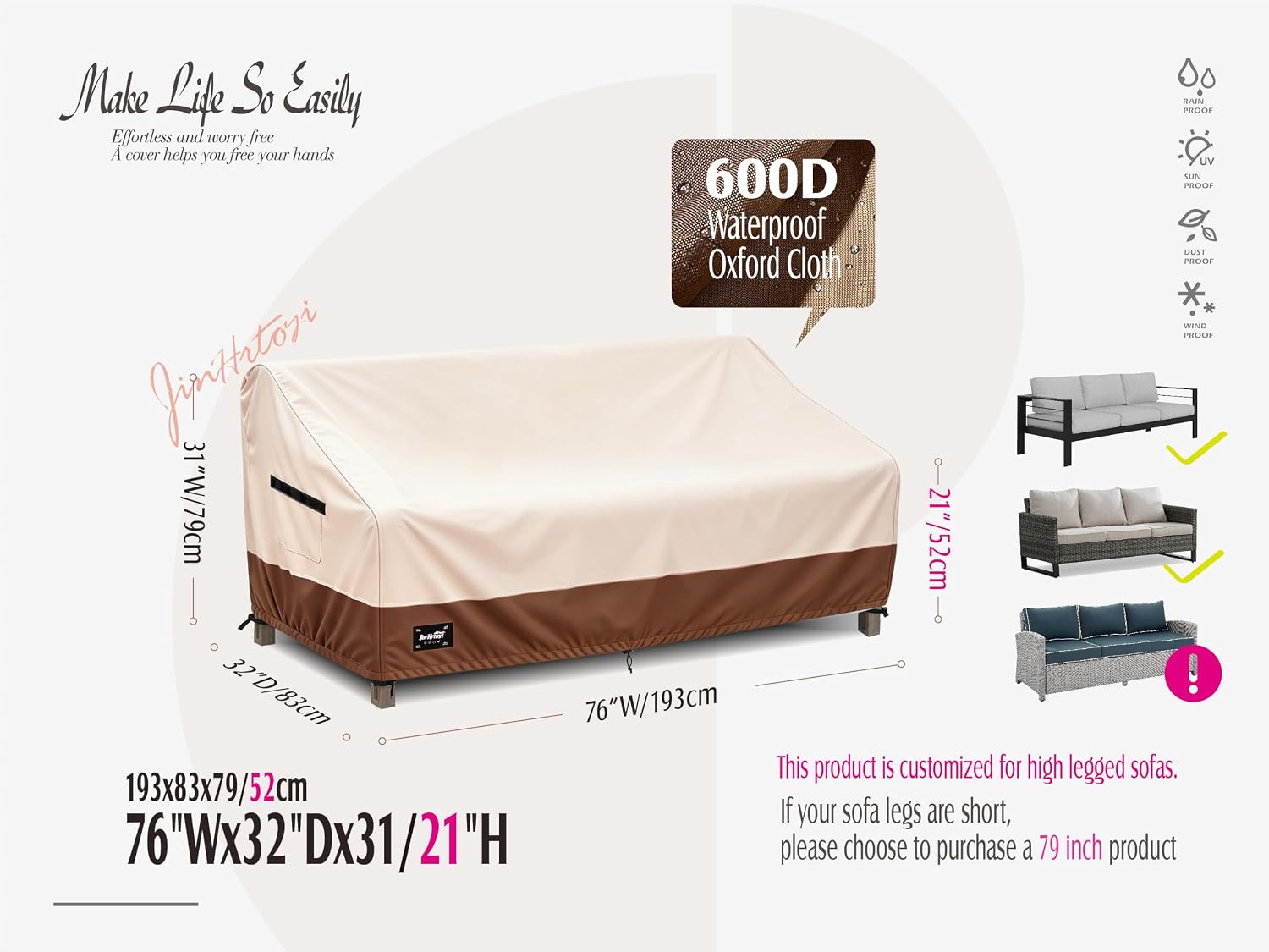 Detalle 2 de Jin Hrtoyi Furniture Covers-001 3-Seater Outdoor Sofa Cover, 600D Oxford, Beige/Brown