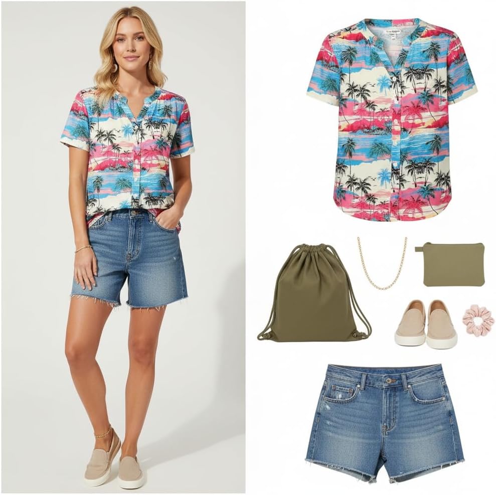 Thumbnail 1 de WIEIYM Women V Neck Pleated Puff Short Sleeve Floral T Shirt – Tropical Printed Blouse Top