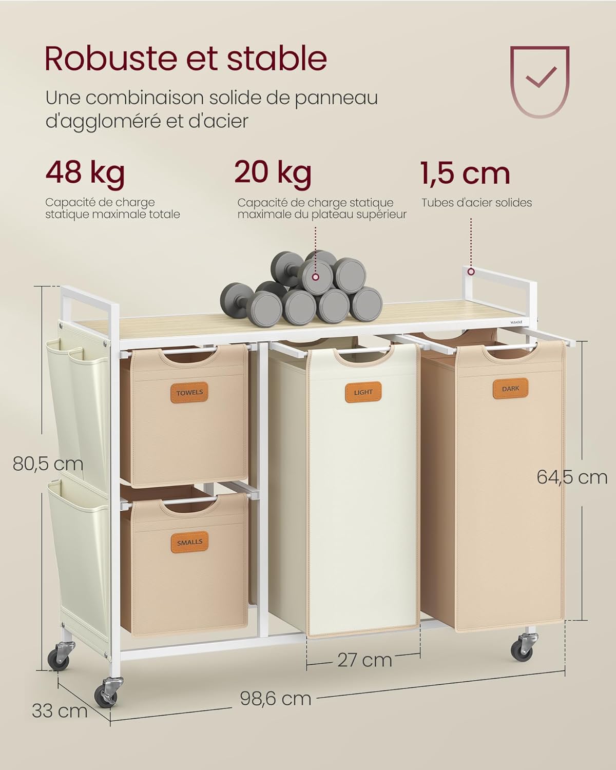 Detalle de VASAGLE Panier à Linge 4 Compartiments – Chariot mobile 150 L avec Étagères et Roulettes