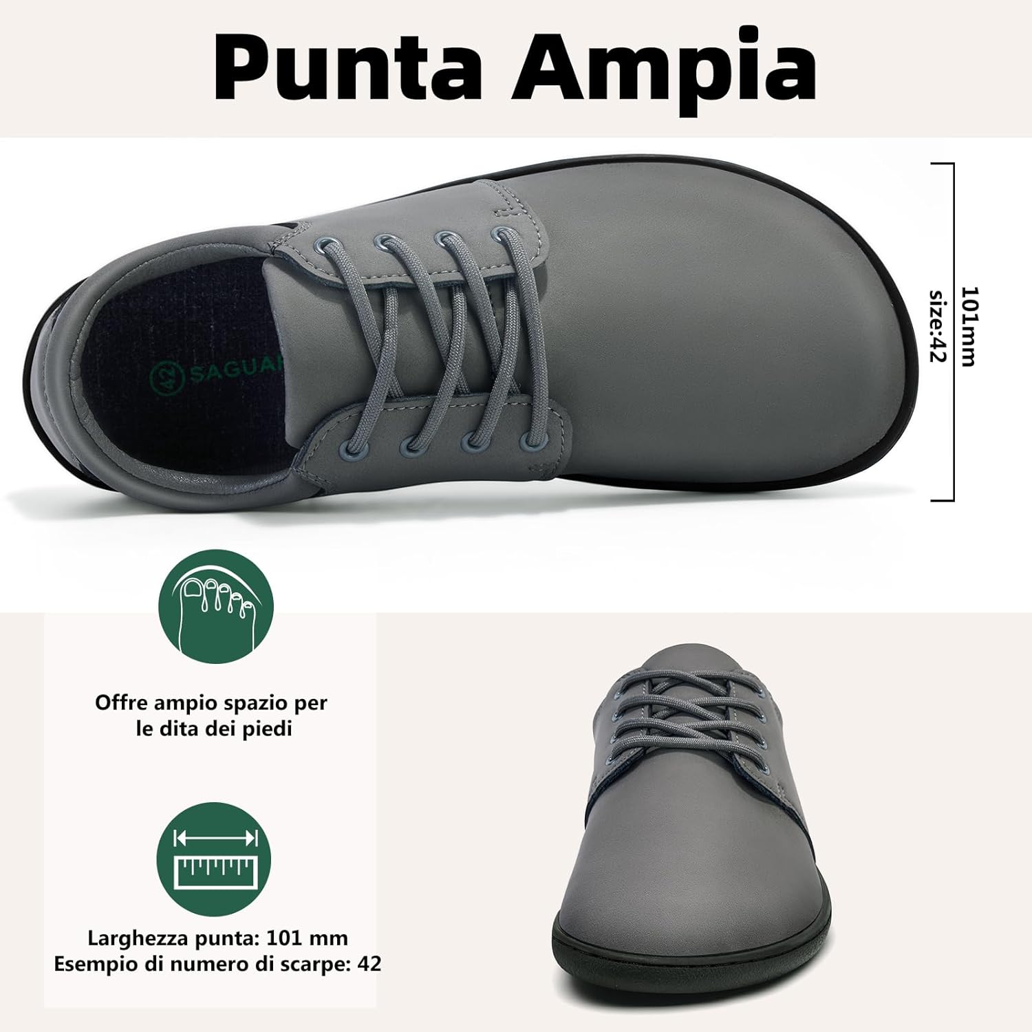 Detalle de SAGUARO Scarpe Barefoot Uomo Noble II – Wide Toe Box (Gr. 36-48), stile casual-formale