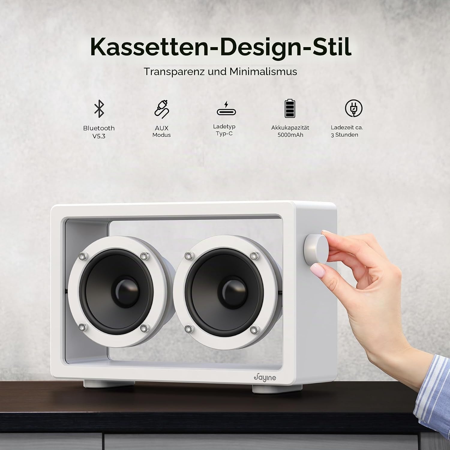 Detalle de JAYINE Tragbarer Bluetooth-Lautsprecher 16 W (Bluetooth 5.3, AUX 3,5 mm) – minimalistisch in Weiß