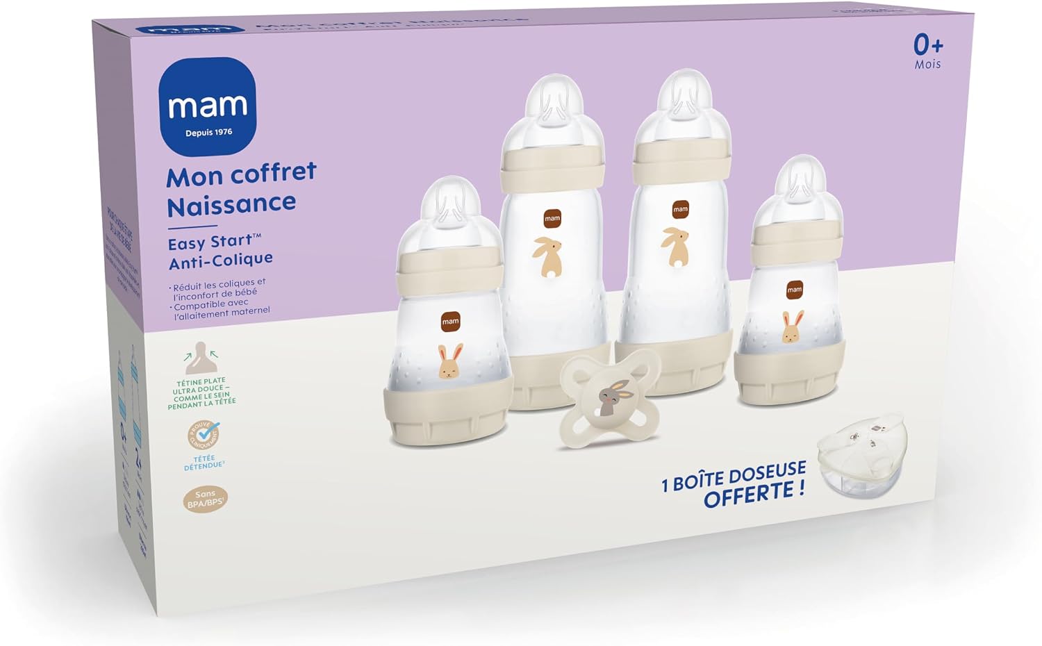 Detalle 2 de MAM Coffret Naissance Bébé — 4 Biberons Easy Start Anti-Colique + Sucette Naissance + Boîte doseuse (Sable)