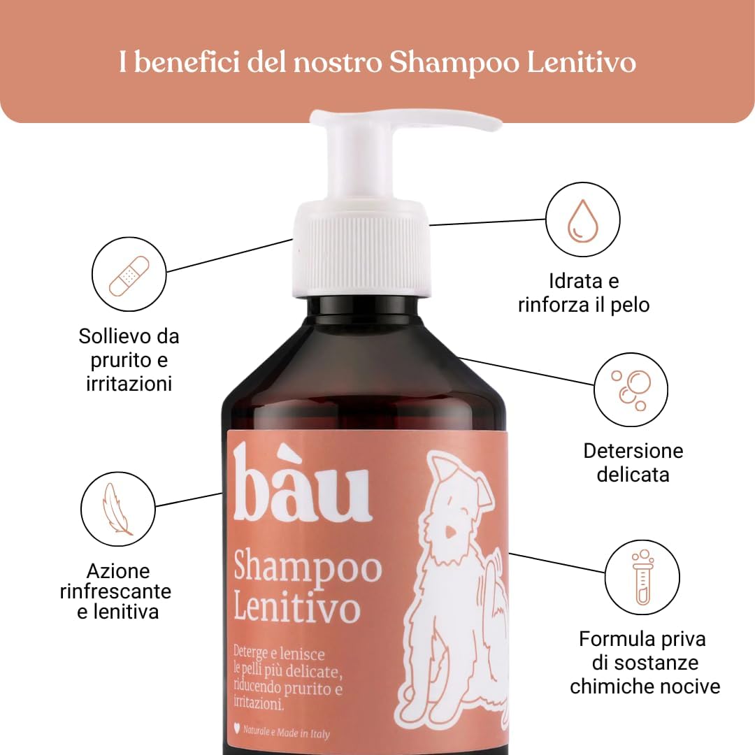 Detalle 2 de Bau Cosmesi Shampoo Lenitivo per Cani: sollievo per pelle sensibile con camomilla, calendula e lavanda