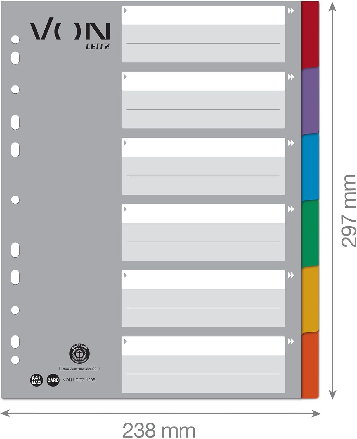 Detalle de VON LEITZ Register A4 – 10er Pack, 6-teilig, extra breit, 11-Loch Universalregister, 100% Recycling-Karton, Mehrfarbig (12950000)