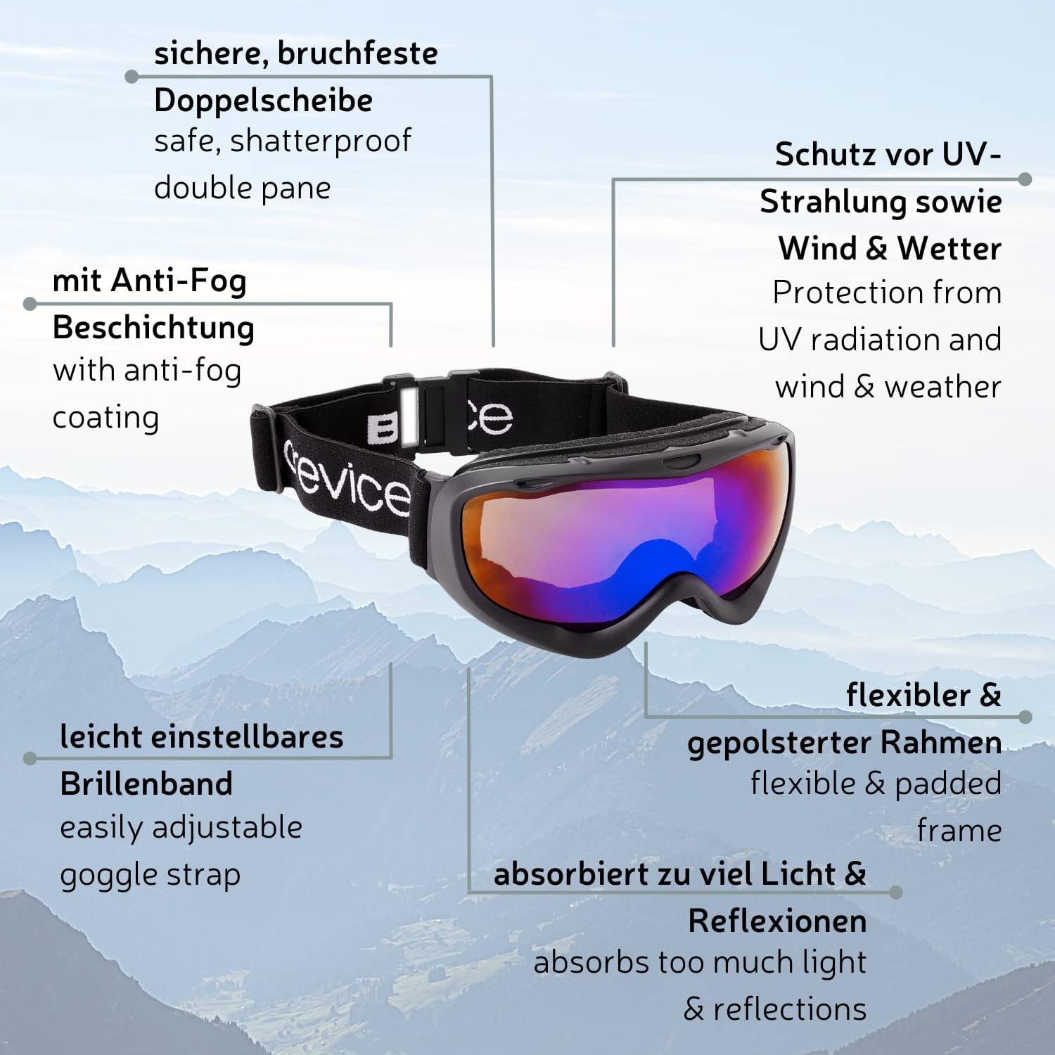 Detalle 2 de Black Embout Crevice Masque de ski Double miroir