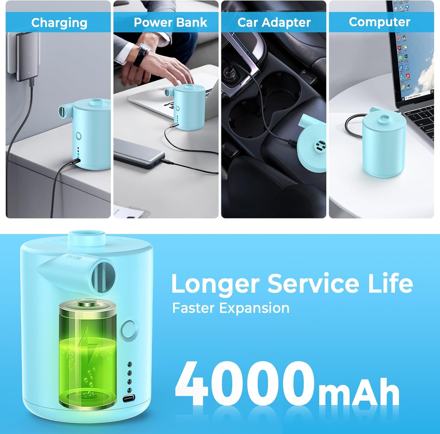 Detalle 2 de Electric Air Pump Portable Rechargeable: 4000mAh 50W Fast Inflating Mini Pump for Inflatable Beds, Pools and More