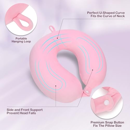 Detalle de Cirorld almohada de viaje hinchable para cuello (rosado), con máscara de ojos, tapones y bolsa