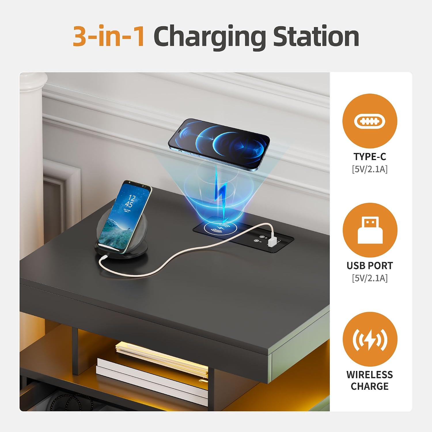 Thumbnail 3 de Gurexl LED Bedside Table with Gun Drawer: USB-C, Wireless Charging, and Motion-Activated Lighting