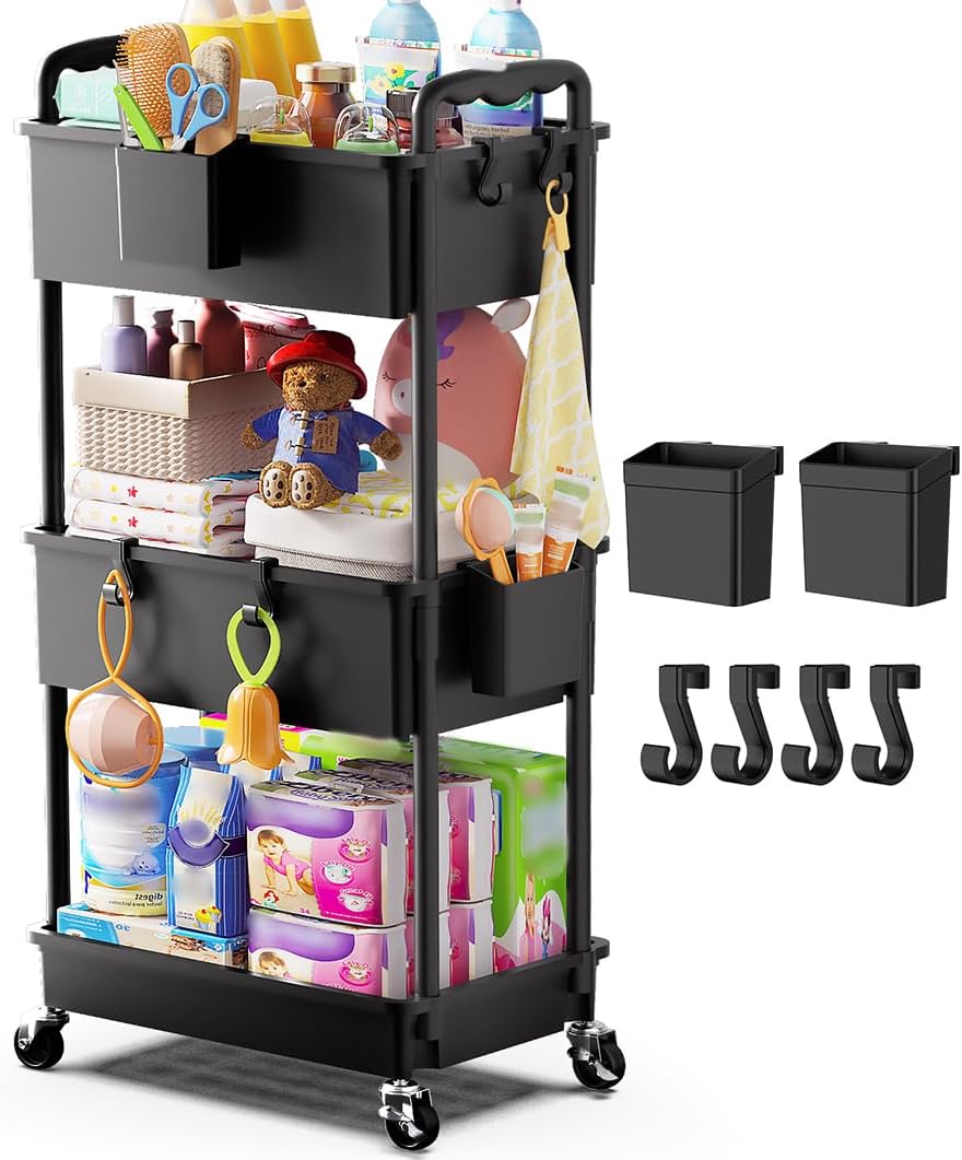 Detalle de Goovilla 3-Tier Diaper Cart with Locking Wheels, Black Plastic Organizer