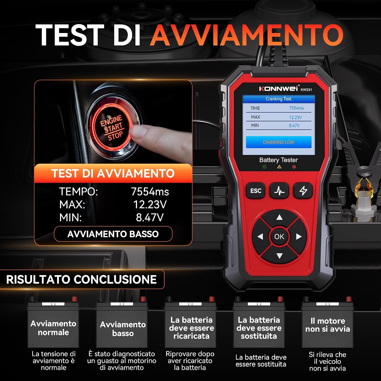 Thumbnail 2 de KONNWEI KW331 Tester per Batterie Auto 6/12/24V con stampa cloud