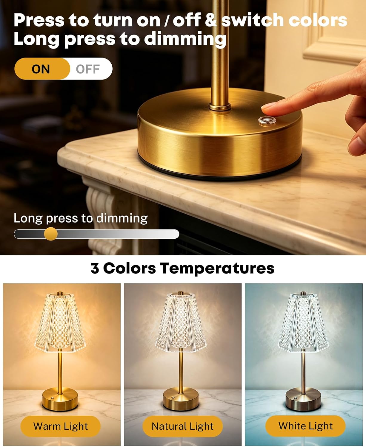 Detalle de Rechargeable Table Lamp with 5200mAh Battery — Cordless, Touch Control and 3 Colour Options