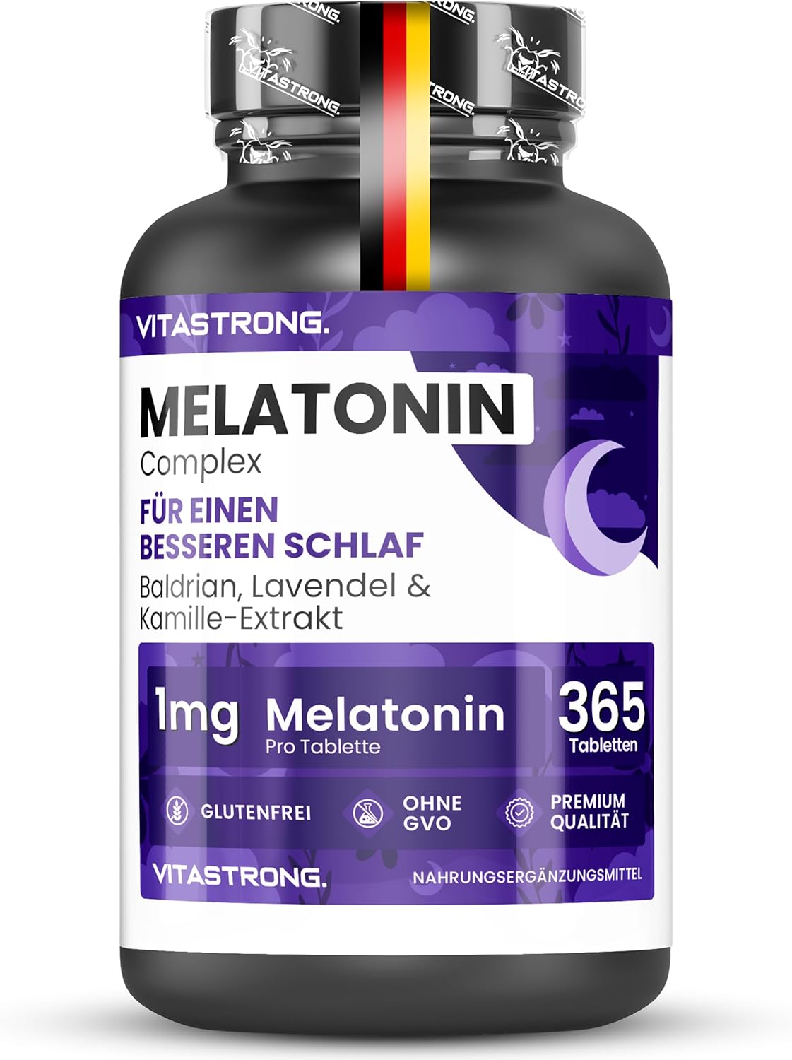 Detalle de Vitastrong Melatonin Komplex 365 Mikro-Tabletten – Hochdosiertes Schlafhilfe mit Kamille, Baldrian, Lavendel & Vitamin B6