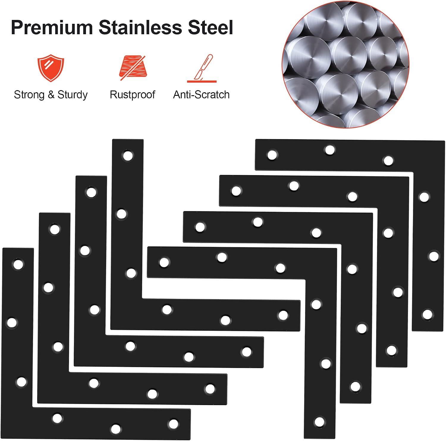 Detalle de SAYAYO Flat L Shape Repair Mending Plate Joint Bracket 150mm x 150mm – Stainless Steel, Matte Black, 8 Pack