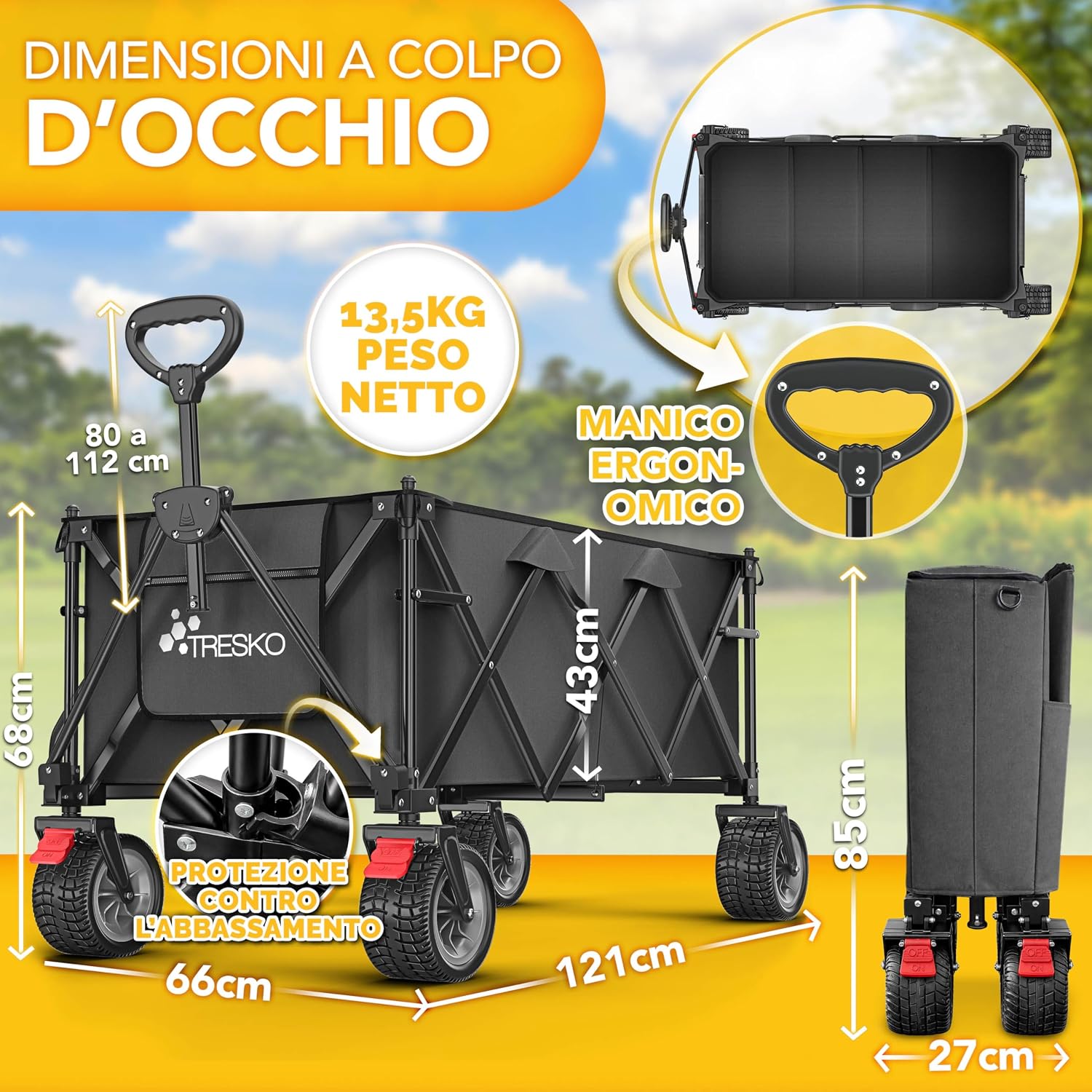 Detalle de TRESKO Carrello pieghevole XXL da 215 L con freno e pneumatici pieni — stabilità, versatilità e praticità per spiaggia, campeggio e giardino