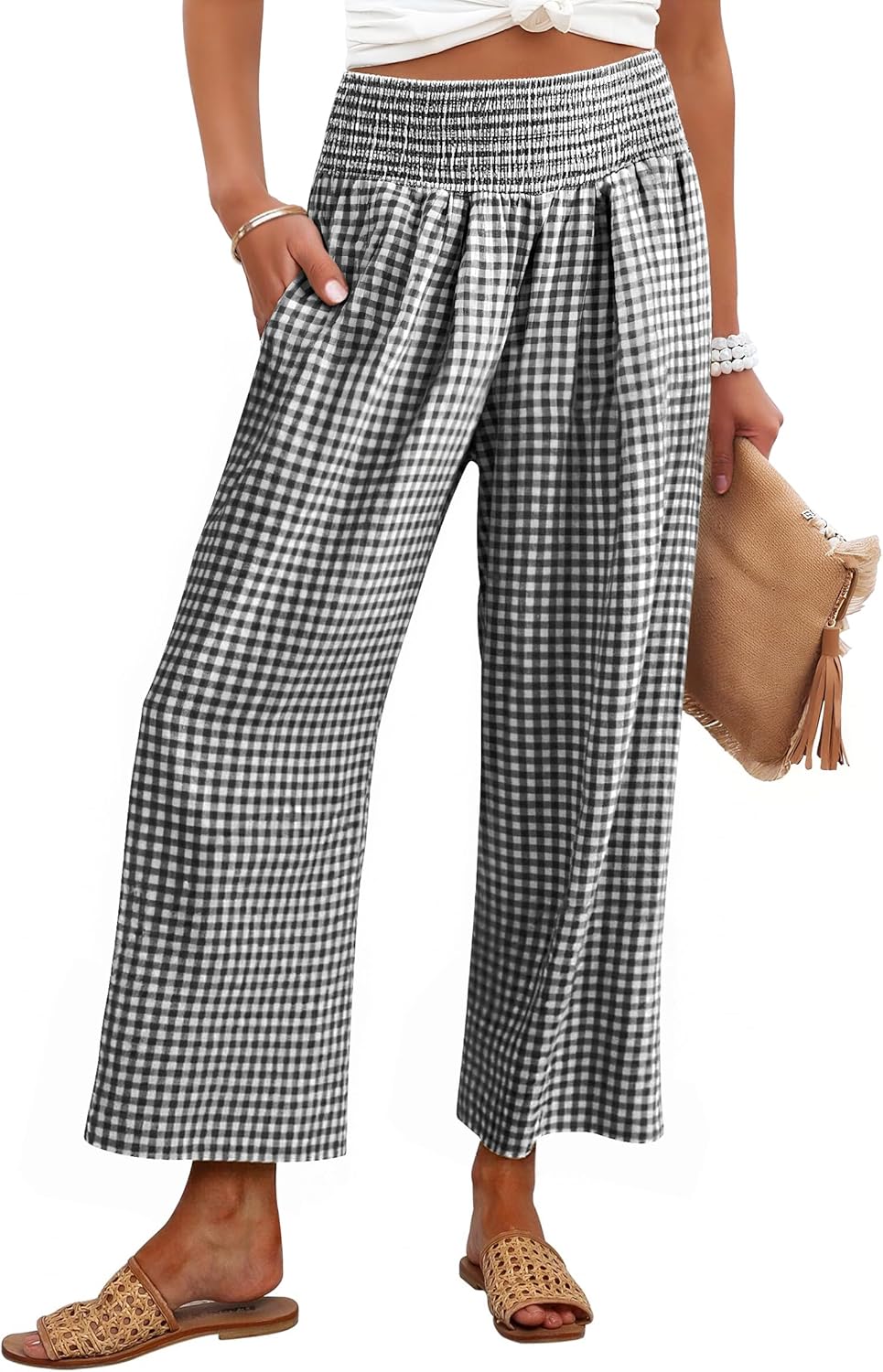 Thumbnail 6 de ANRABESS Striped Gingham Palazzo Pants — High-Waisted, Cropped Wide-Leg Lounge Bottoms