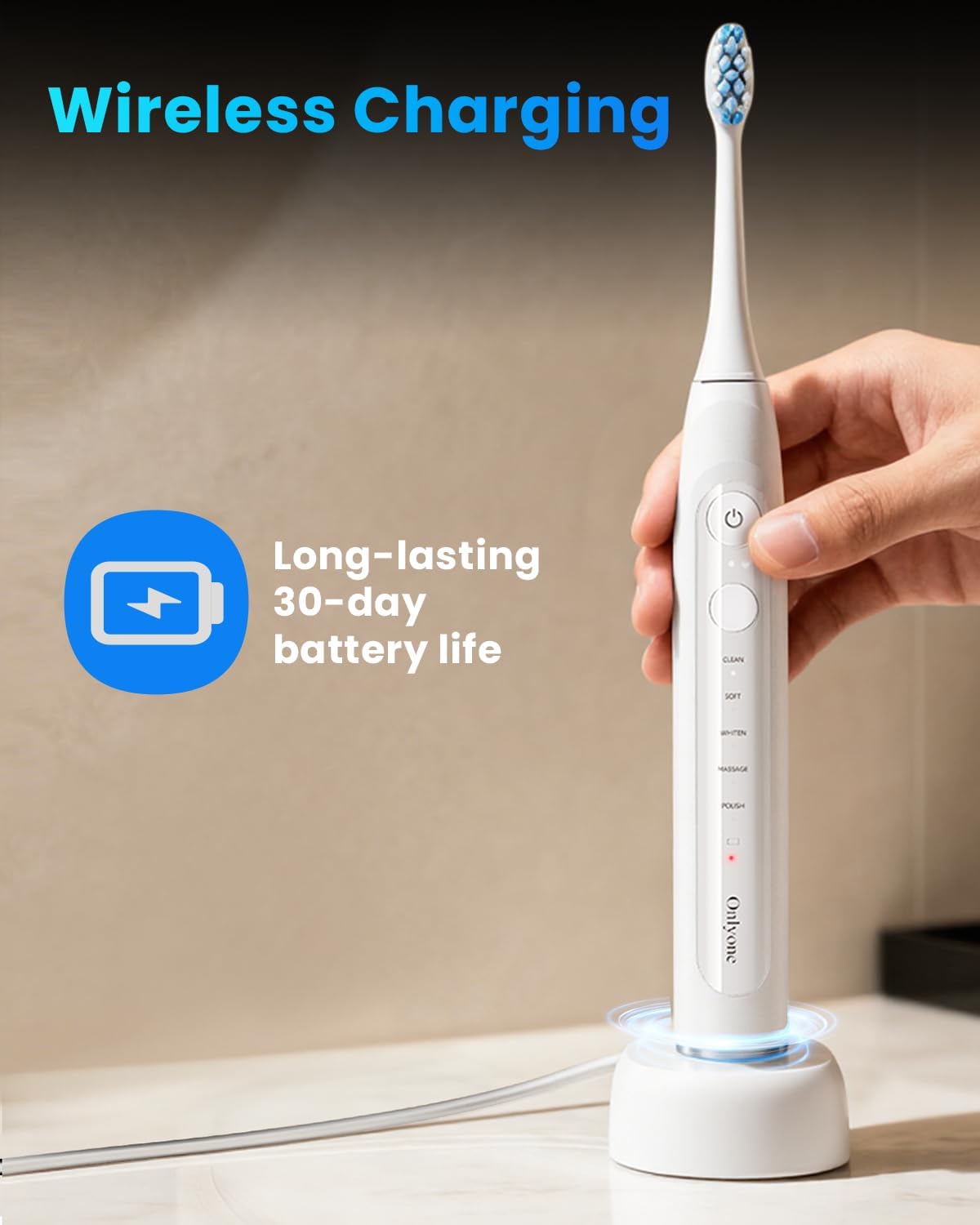 Thumbnail 5 de Onlyone Sonic Electric Toothbrush for Adults with 8 Brush Heads, 5 Modes, Smart Timer, Travel Case & Wireless Charging