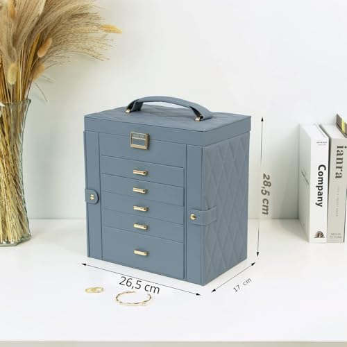 Detalle 2 de KAMIER Boîte à bijoux pour femme – grande boîte de rangement à 6 couches avec miroir et 5 tiroirs, bleu-gris