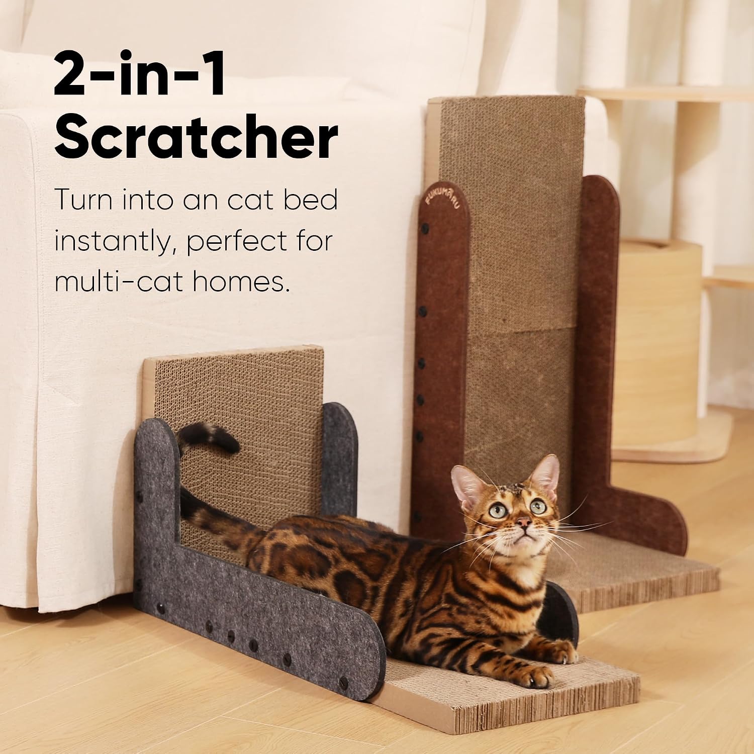 Thumbnail 4 de FUKUMARU L-Shaped Cat Scratcher (68 cm) Wall Scratch Pad with Felt Edge & Furniture Protection – Grey