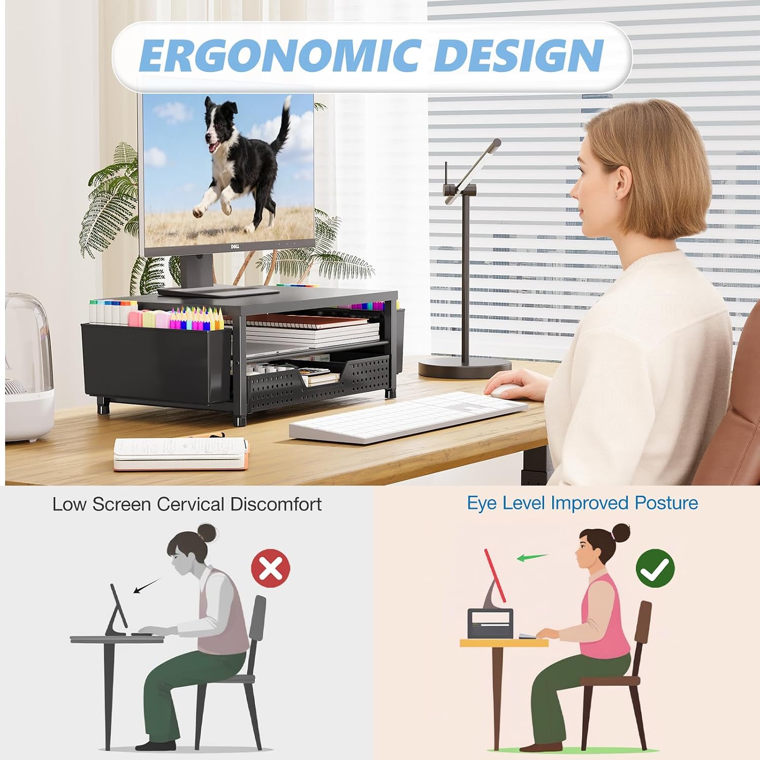 Thumbnail 1 de OPNICE Computer Monitor Stand Riser with Drawer and 2 Pen Holders, Black