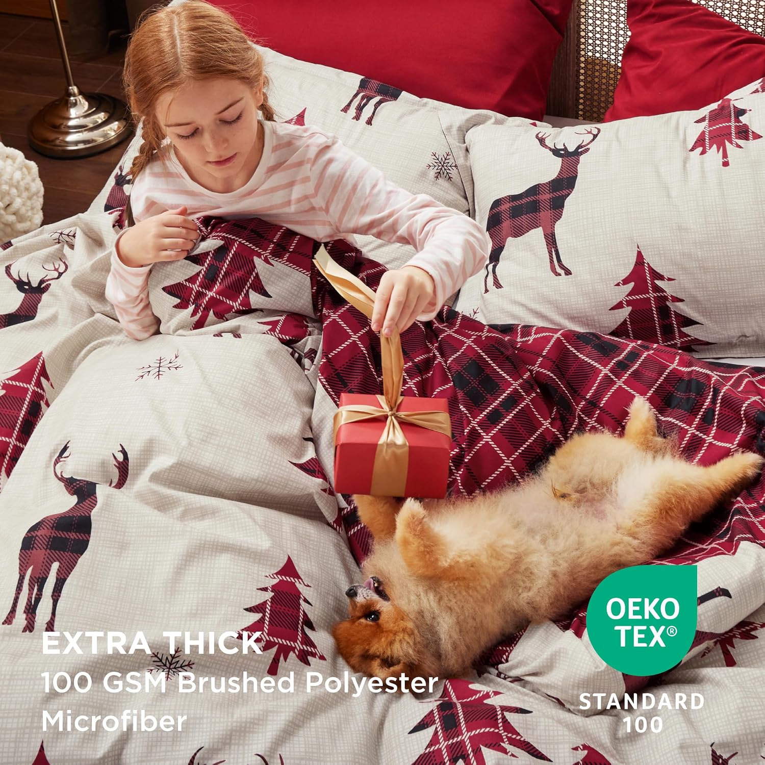 Detalle de Bedsure Twin Christmas Duvet Cover Set, Reindeer Print, Reversible Buffalo Check