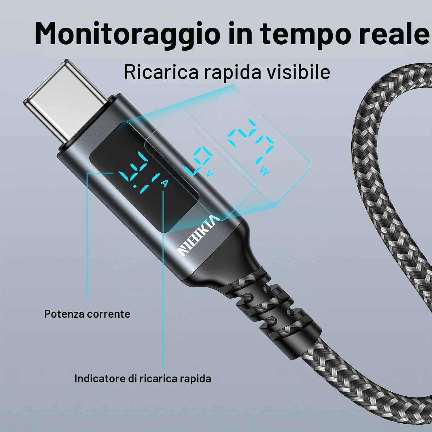 Detalle 2 de Cavo USB Type-C 1m USB 3.0 10Gbps con Display LED e Ricarica Rapida 3A – Compatibile con iPhone 15/16/17, Samsung Galaxy e altri