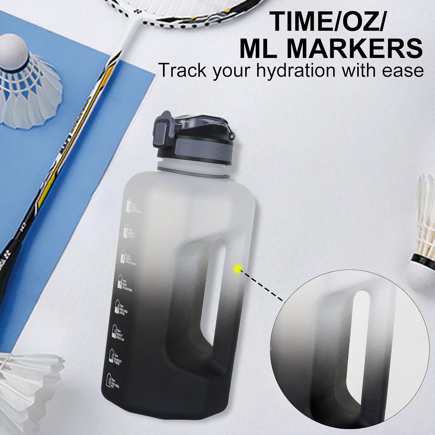 Thumbnail 3 de GEMFUL 2.2L Big Water Bottle with Straw and Time Marker – Leakproof, BPA-Free, White/Black