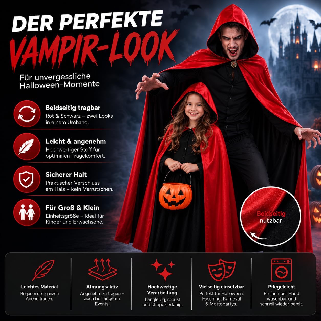 Detalle 2 de Vampyrdräkt med huva – lång mantel med knytband för Halloween och maskerad