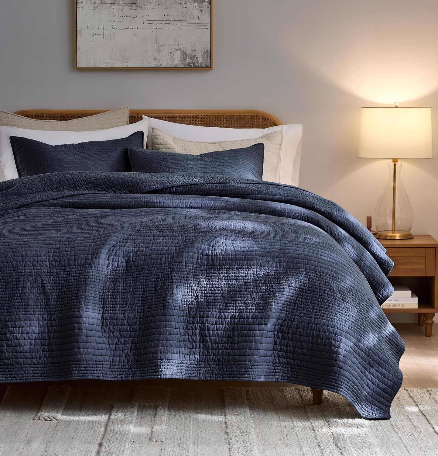 Detalle de palassio Queen Striped Channel Quilt Set, 100% Cotton, Navy Blue