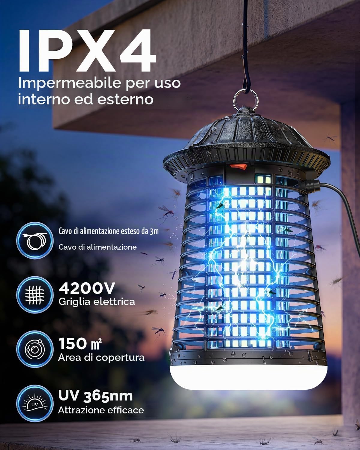 Detalle de VIWAVE Lampada Antizanzare Elettrica 4200V – Trappola UV 365nm con LED, 3 m di cavo, copertura fino a 150 m²