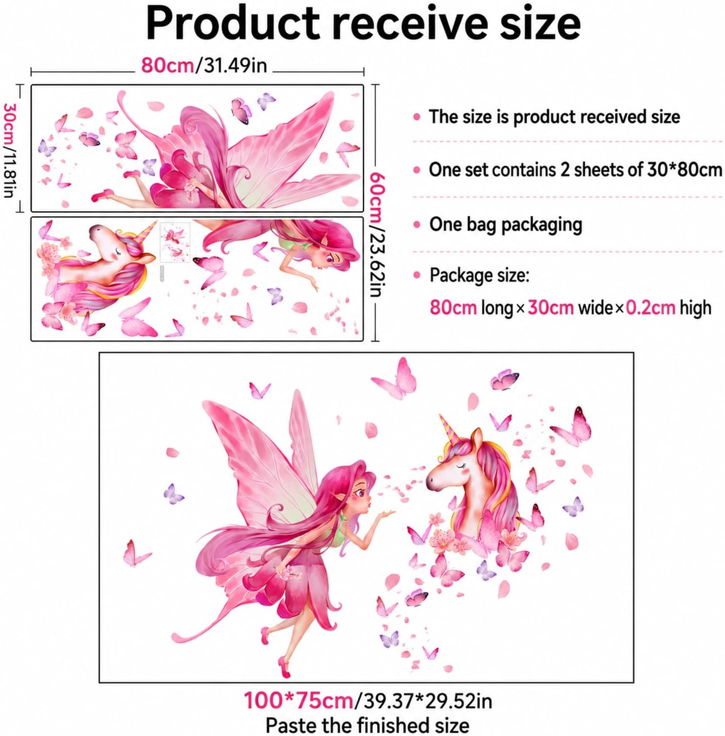 Thumbnail 1 de Pink Fairy Unicorn Wall Stickers for Girls Bedroom