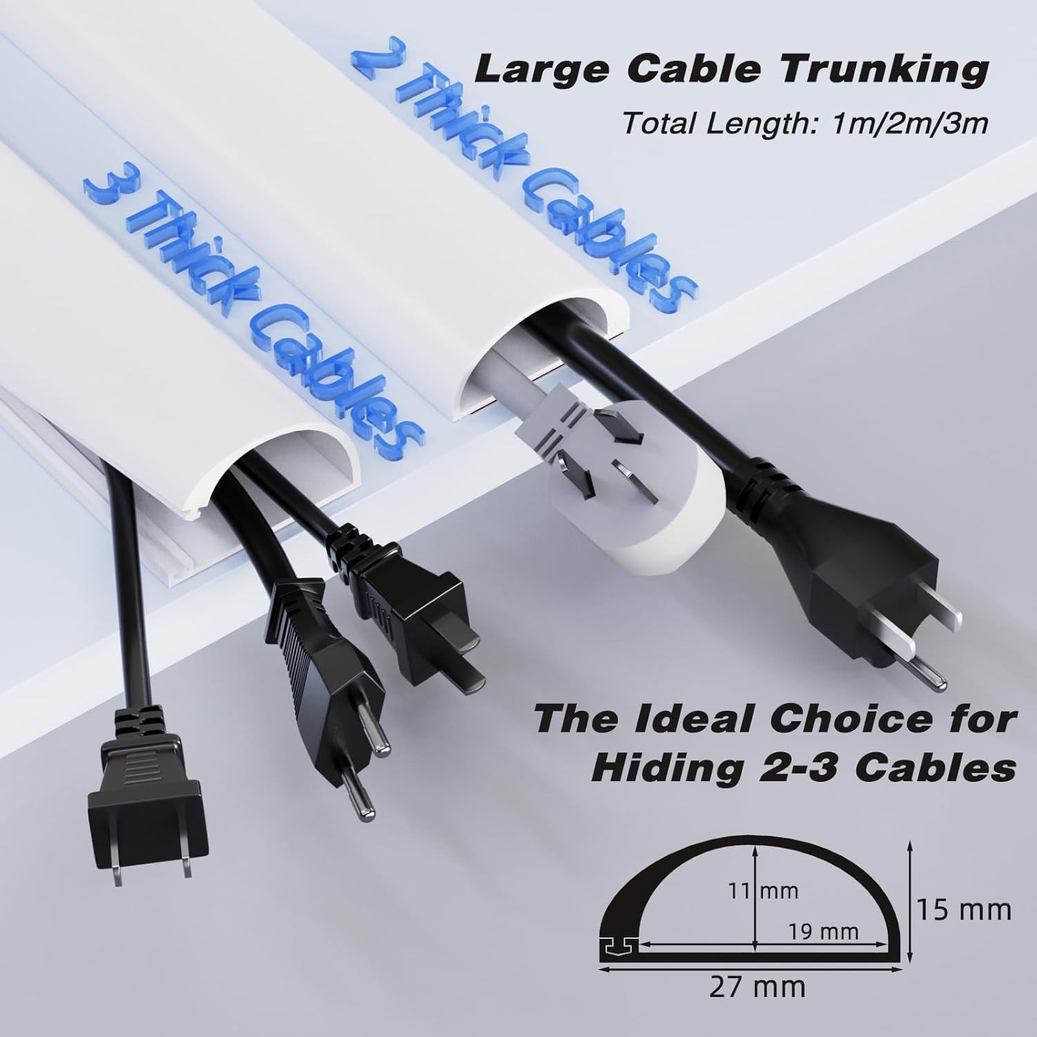 Thumbnail 1 de 300cm White Silicone Cable Trunking — Flexible Self-Adhesive Wire Covers for 2–3 Cables (27 mm × 15 mm)