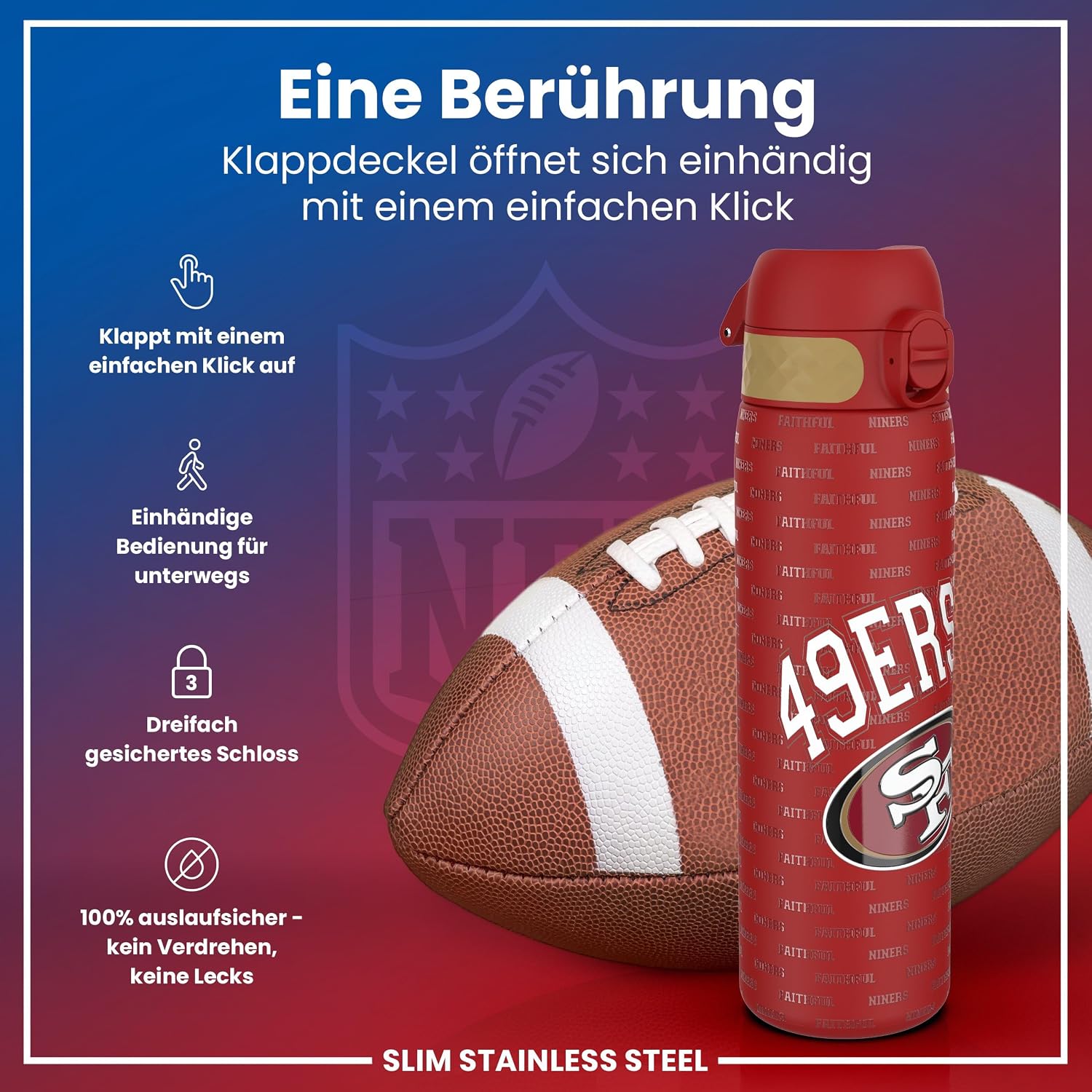 Thumbnail 3 de ion8 NFL Edelstahl-Trinkflasche – Auslaufsicher, Einhandöffnung, Spülmaschinenfest