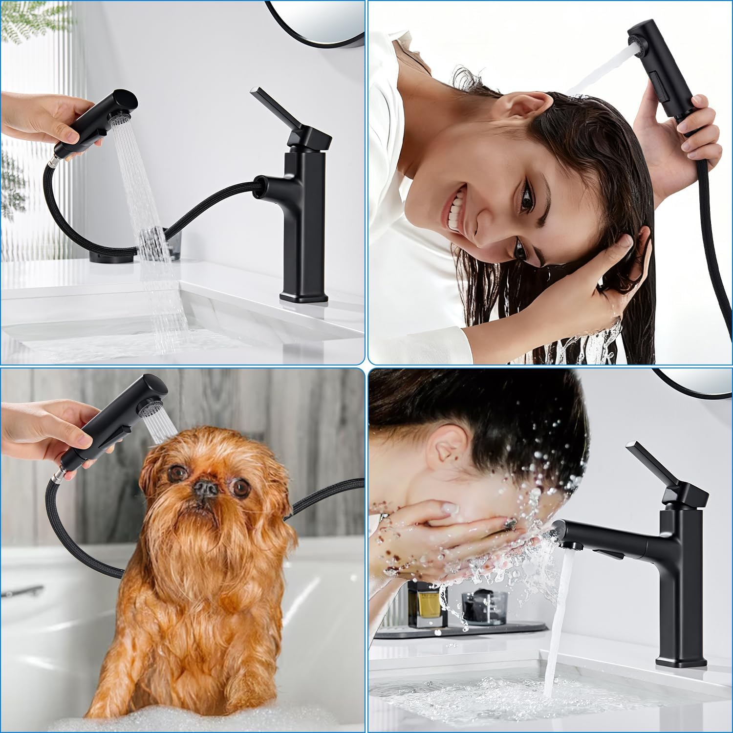 Thumbnail 3 de HanCrobiyx Robinet de salle de bain noir mat avec douchette extractible et mitigeur