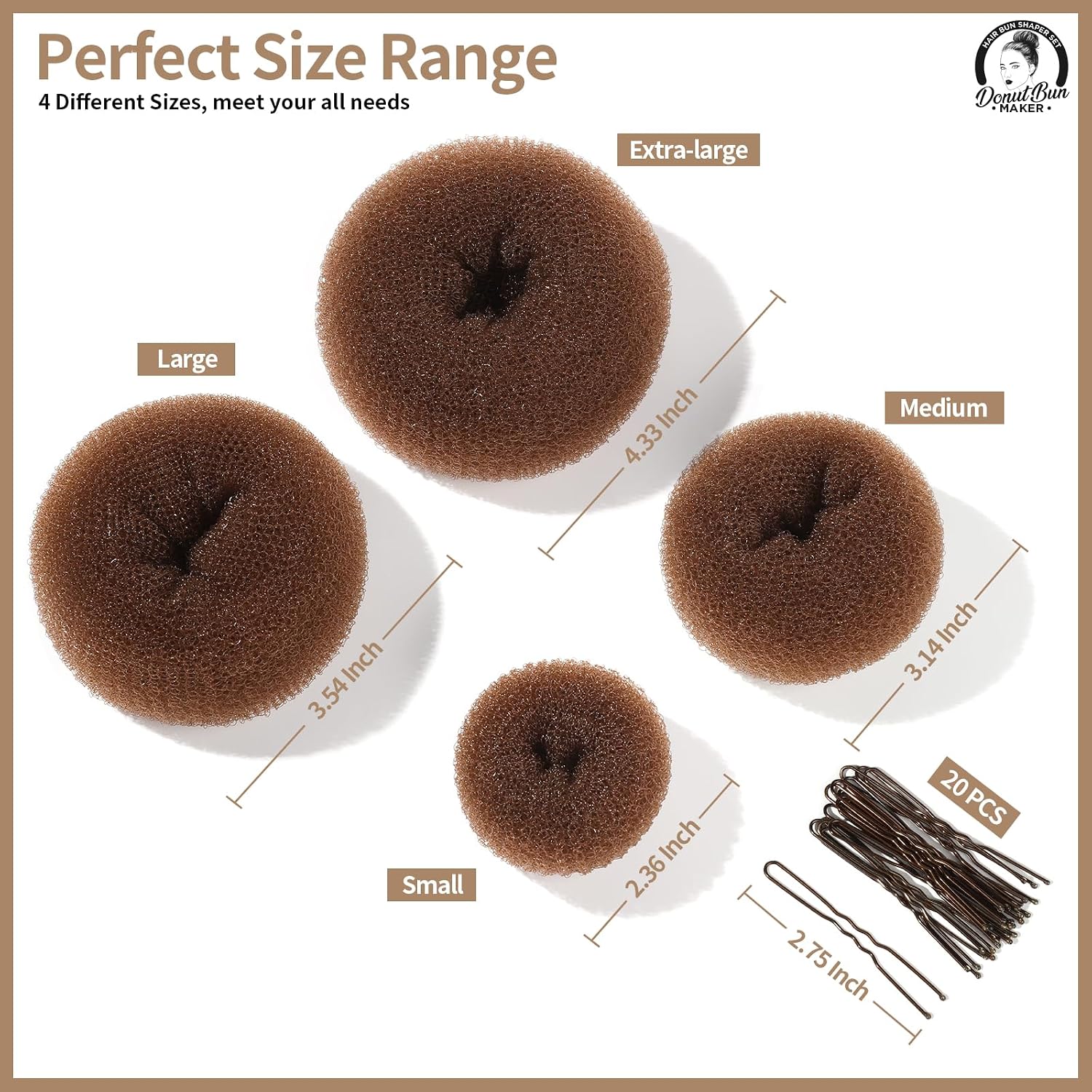 Detalle 2 de Teenitor Hair Bun Maker Set, 4 Sizes, Light Brown Donuts and 20 Pins