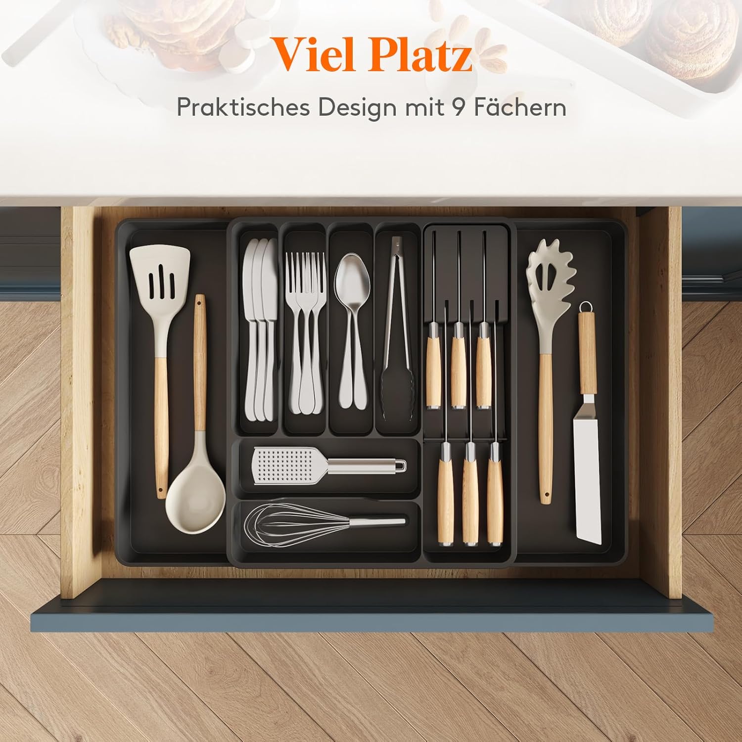 Thumbnail 1 de Lifewit verstellbarer Besteckkasten aus Kunststoff für Schubladen – 40 cm Tiefe, erweiterbar, 9 Fächer