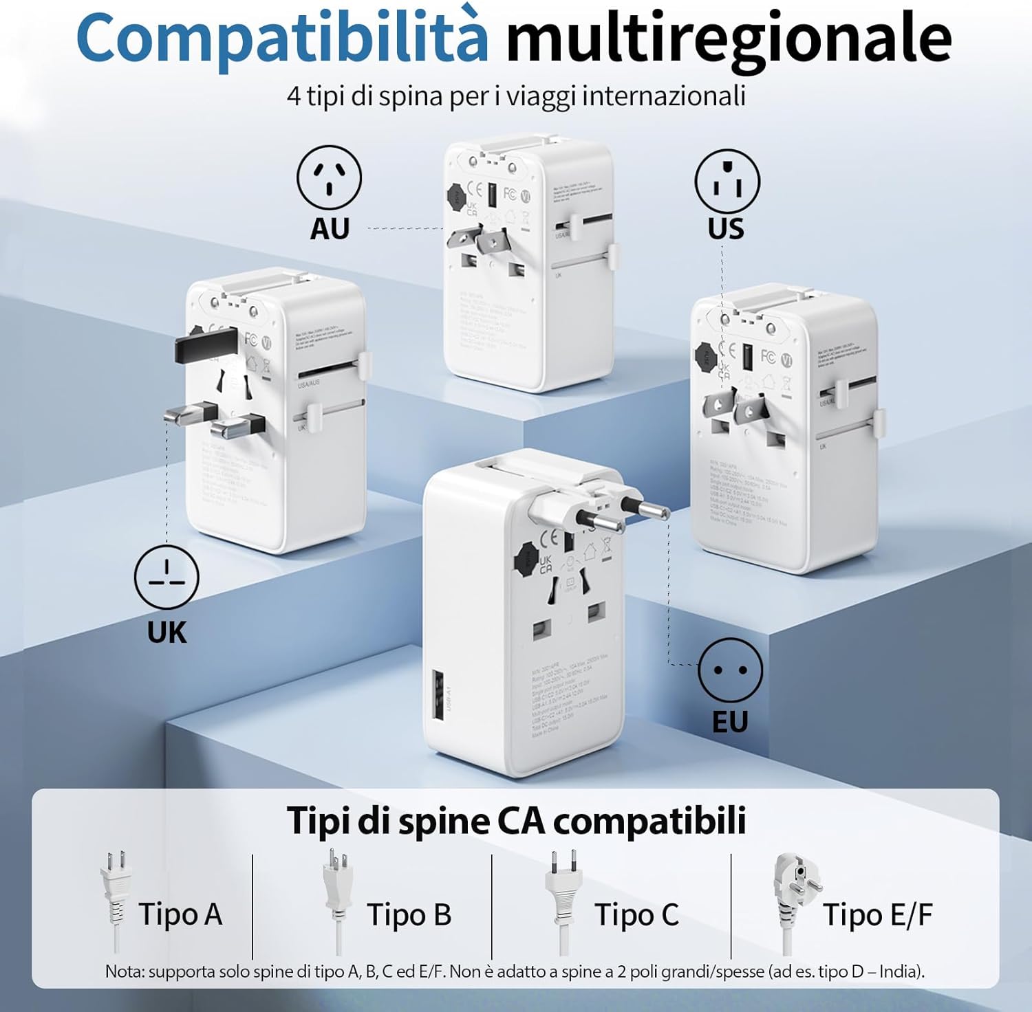 Thumbnail 1 de UPXNBOR Nuovo 2026 Adattatore Universale da Viaggio Ultra Sottile: 1 USB-A e 2 USB-C, protezione fusibile e compatibilità globale