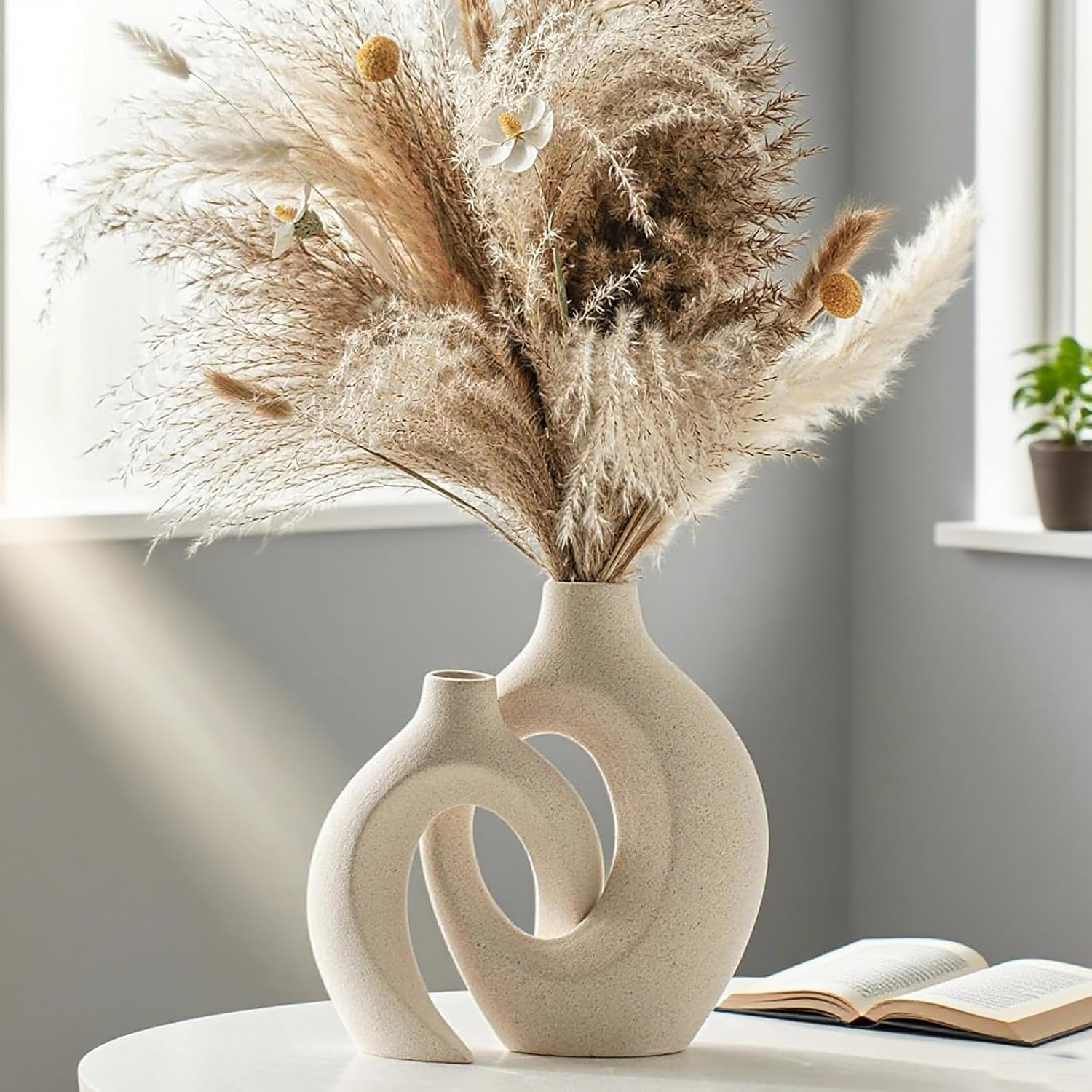 Detalle de SUKIYPO BS03 keramieken vazenset van 2, beige met open design