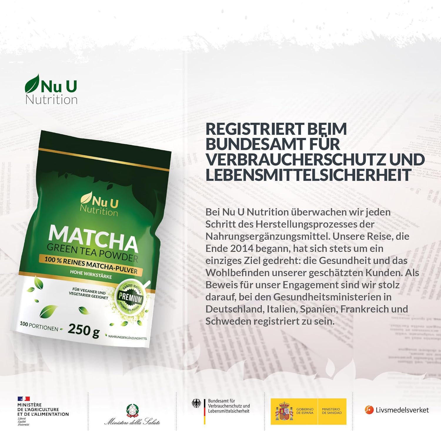 Detalle de Matcha Grüntee Pulver 250 g – Nu U Nutrition, 100 Portionen, Premium Lebensmittelqualität